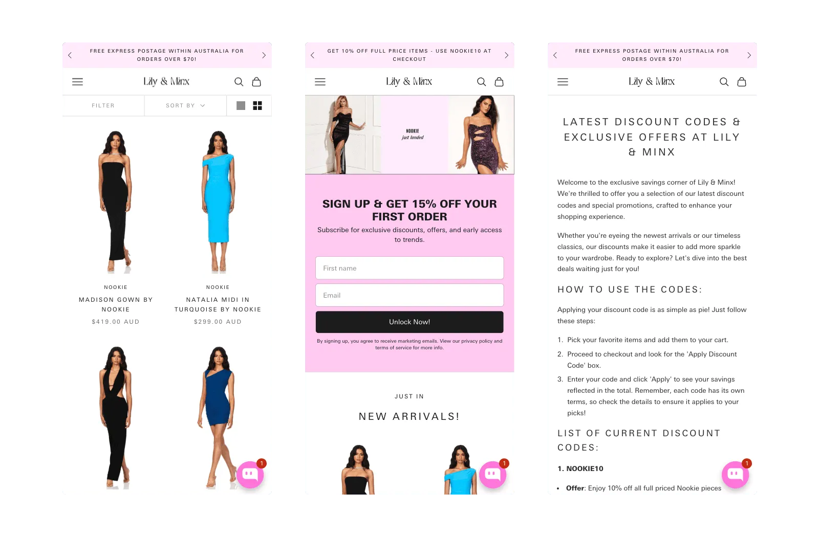 Three mobile screens side by side. Left: a collection grid with filter and sort controls. Centre: the homepage banner above an email sign-up form. Right: a page listing current discount codes.